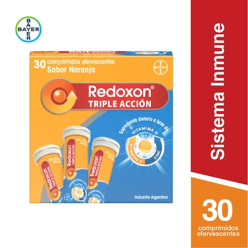 Redoxon Triple Acción Suplemento Dietario A Base De Vitamina C, Vitamina D Y Zinc x 30 Comprimidos Efervescentes Sabor Naranja