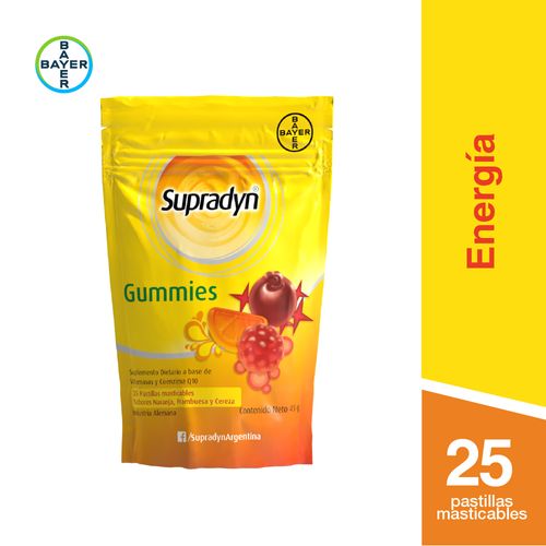 Suplemento Dietario A Base De Vitaminas y Coenzima Q10 Sabor Naranja, Frambuesa y Cereza Supradyn Gummies 25 Pastillas Masticables
