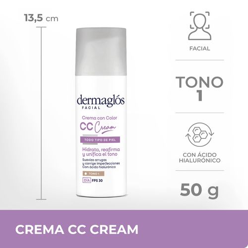 Crema con Color CC Cream Hidratante Tono 1 FPS30 Dermaglos Facial 50g