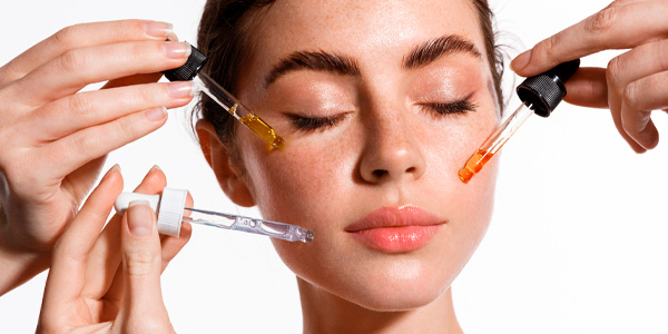 Aplicación de sérum facial para preparar la piel antes del maquillaje